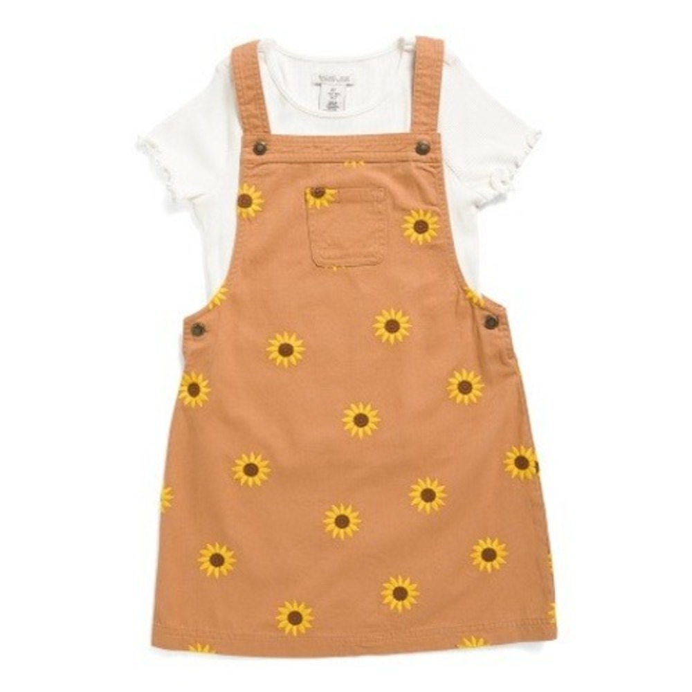 Rachel Zoe Pinafore Dress Size 7 Tan Denim Sunflower Embroidered Square Casual